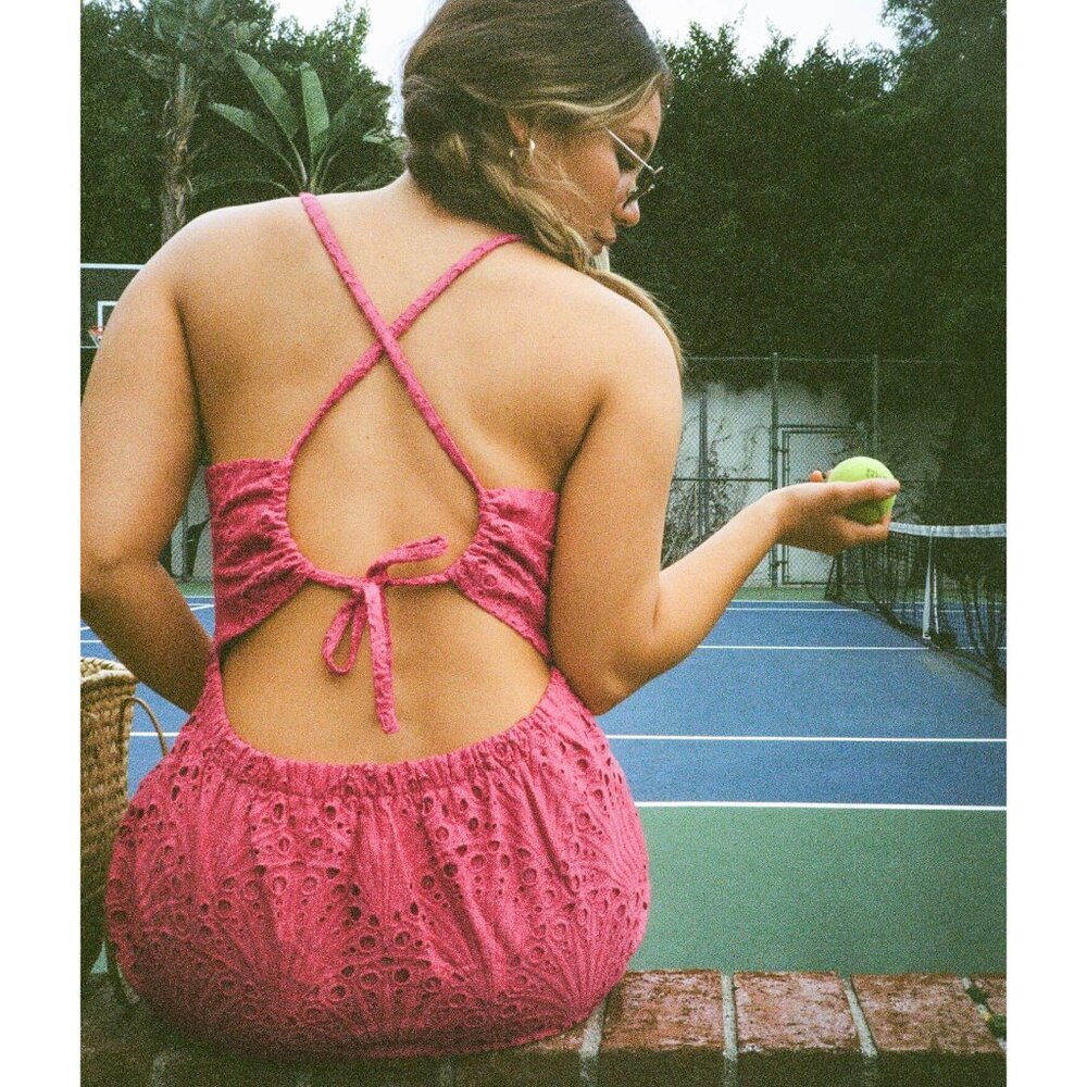 Andie Swim The Roatan Midi Dress Women Sz Small Rosette Cotton Eyelet Lace Lined - Picture 14 of 16